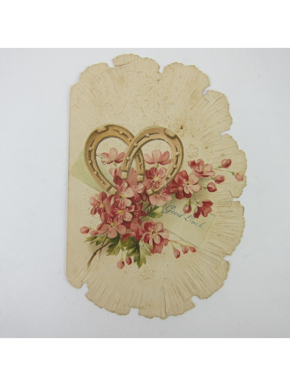 Victorian Good Luck Greeting Card Gold Horseshoes Pink Flowers Embossed Antique